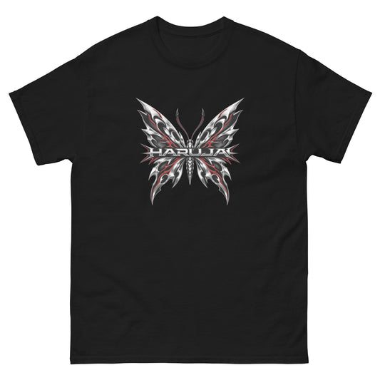 Black Haruja T-shirt with metallic silver and red tribal butterfly graphic on the front