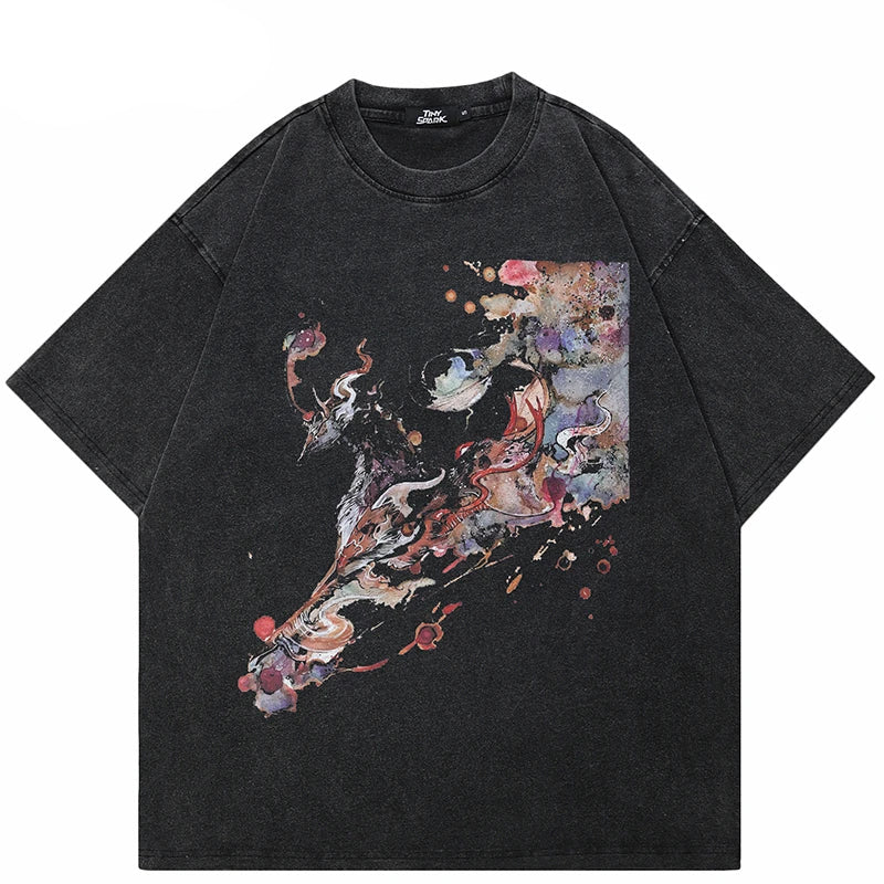Haruja washed black oversized T-shirt with abstract multicolour dragon graphic on the front