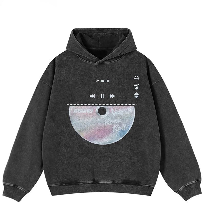 Haruja washed black oversized hoodie with retro CD player graphic and pastel rock-and-roll print on the front