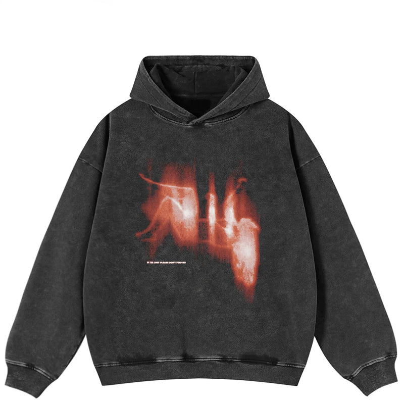 Haruja washed black oversized hoodie with a blurred red flame graphic on the front