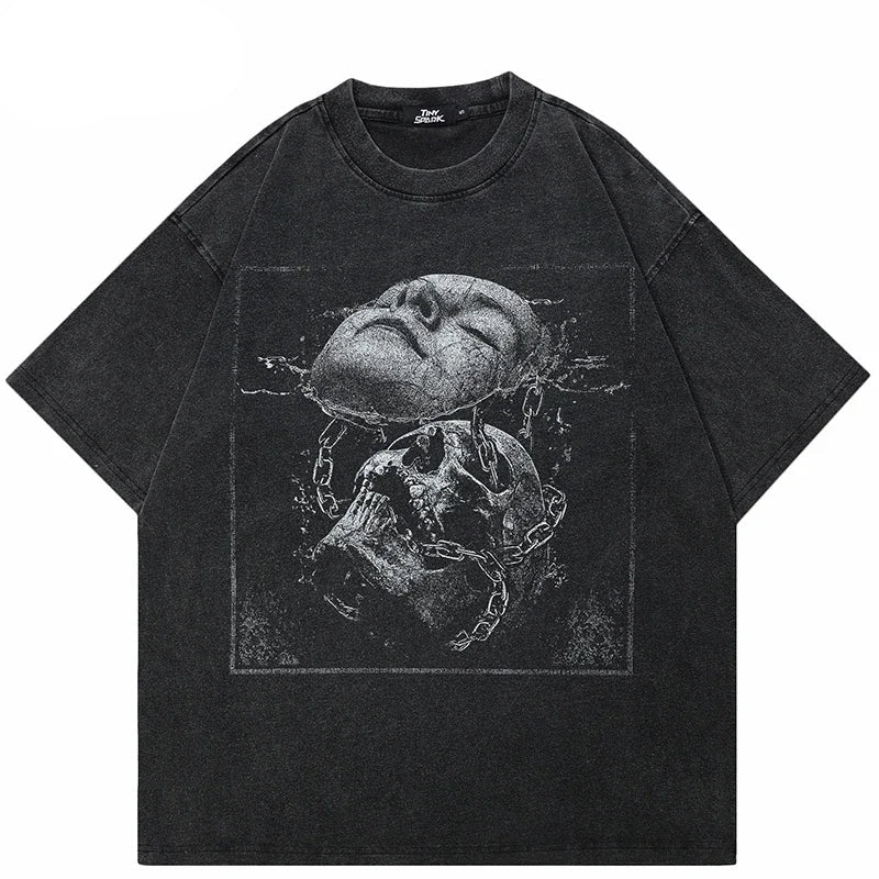 Haruja washed black oversized T-shirt with distressed skull, statue face and chain graphic on the front