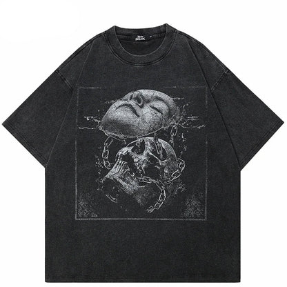 Haruja washed black oversized T-shirt with distressed skull, statue face and chain graphic on the front