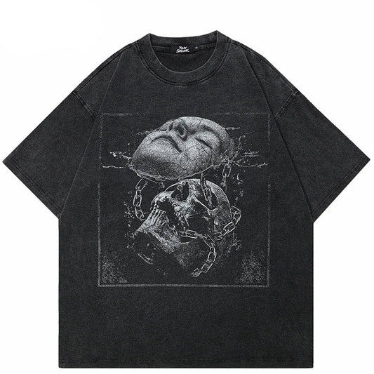 Haruja washed black oversized T-shirt with distressed skull, statue face and chain graphic on the front