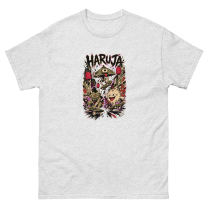 Ash grey Haruja T-shirt with Japanese yokai creatures skateboarding beneath red lanterns on the front
