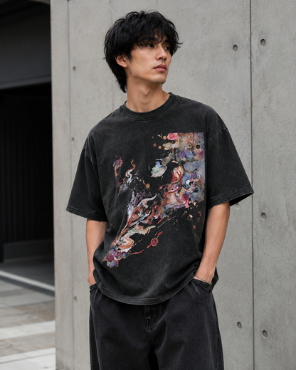 Washed Black Abstract Dragon Oversized T-Shirt