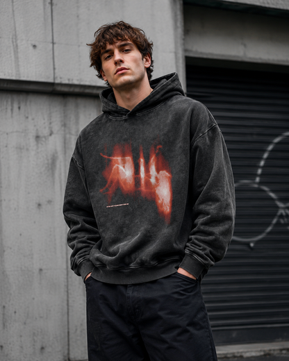Washed Black Red Flame Oversized Hoodie