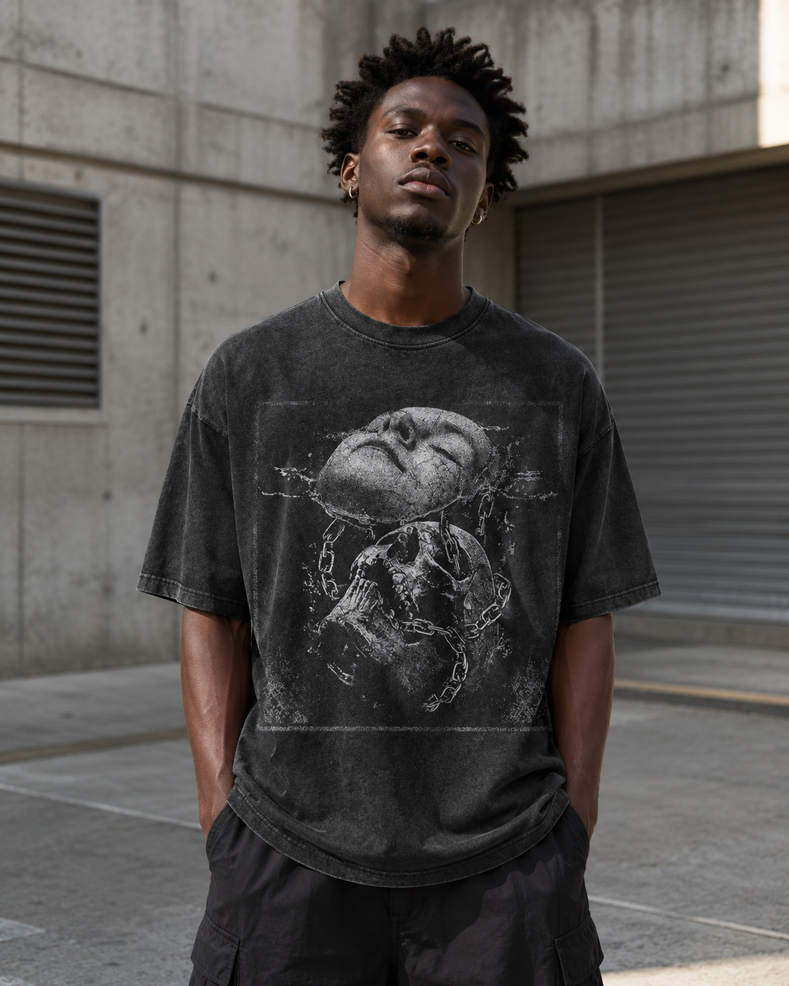 Washed Black Skull Chain Oversized T-Shirt