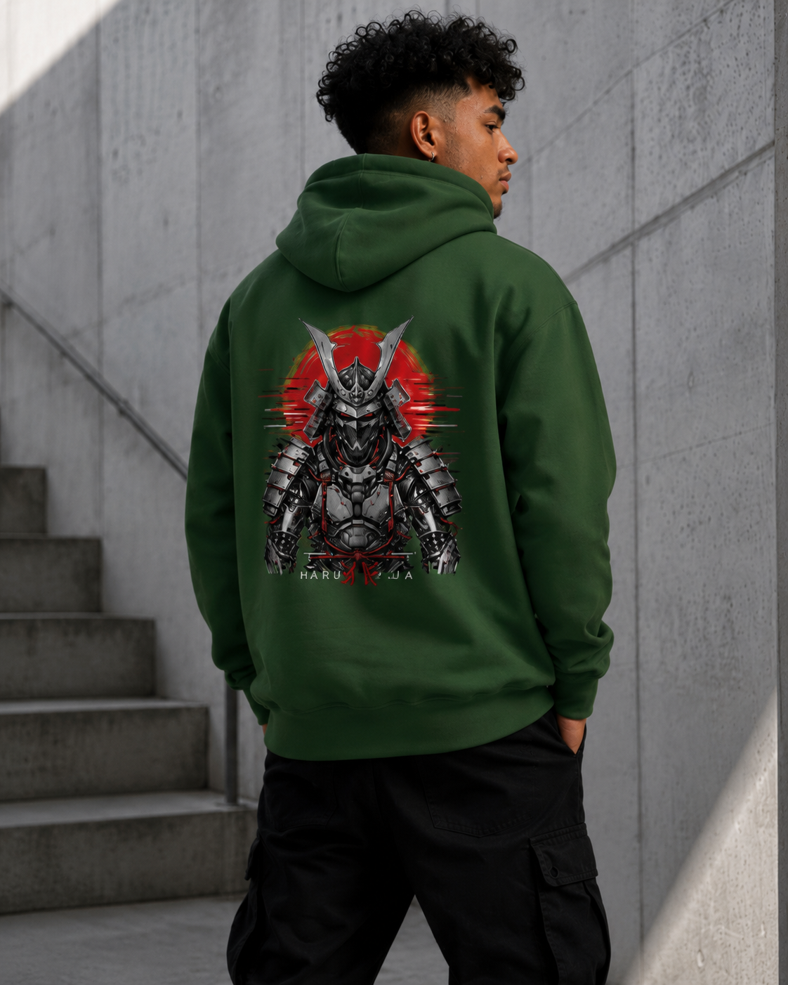Haruja Cyber Samurai Forest Green Graphic Hoodie