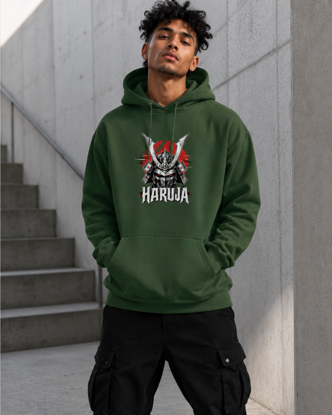 Haruja Cyber Samurai Forest Green Graphic Hoodie