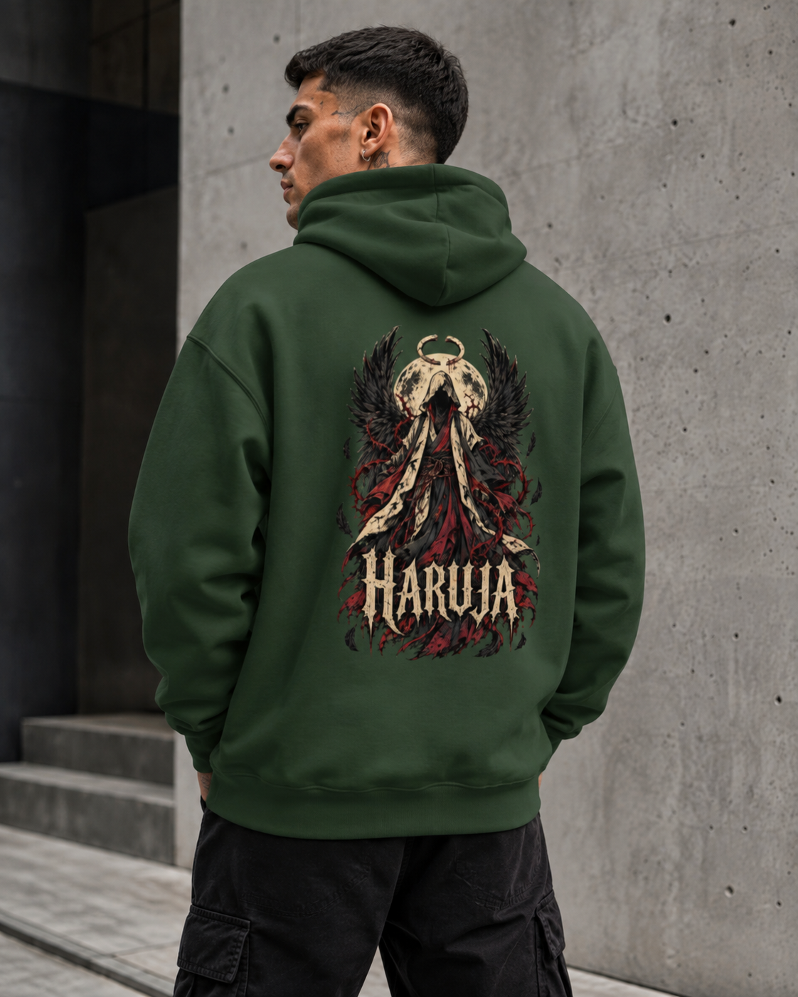Haruja Fallen Angel Forest Green Graphic Hoodie