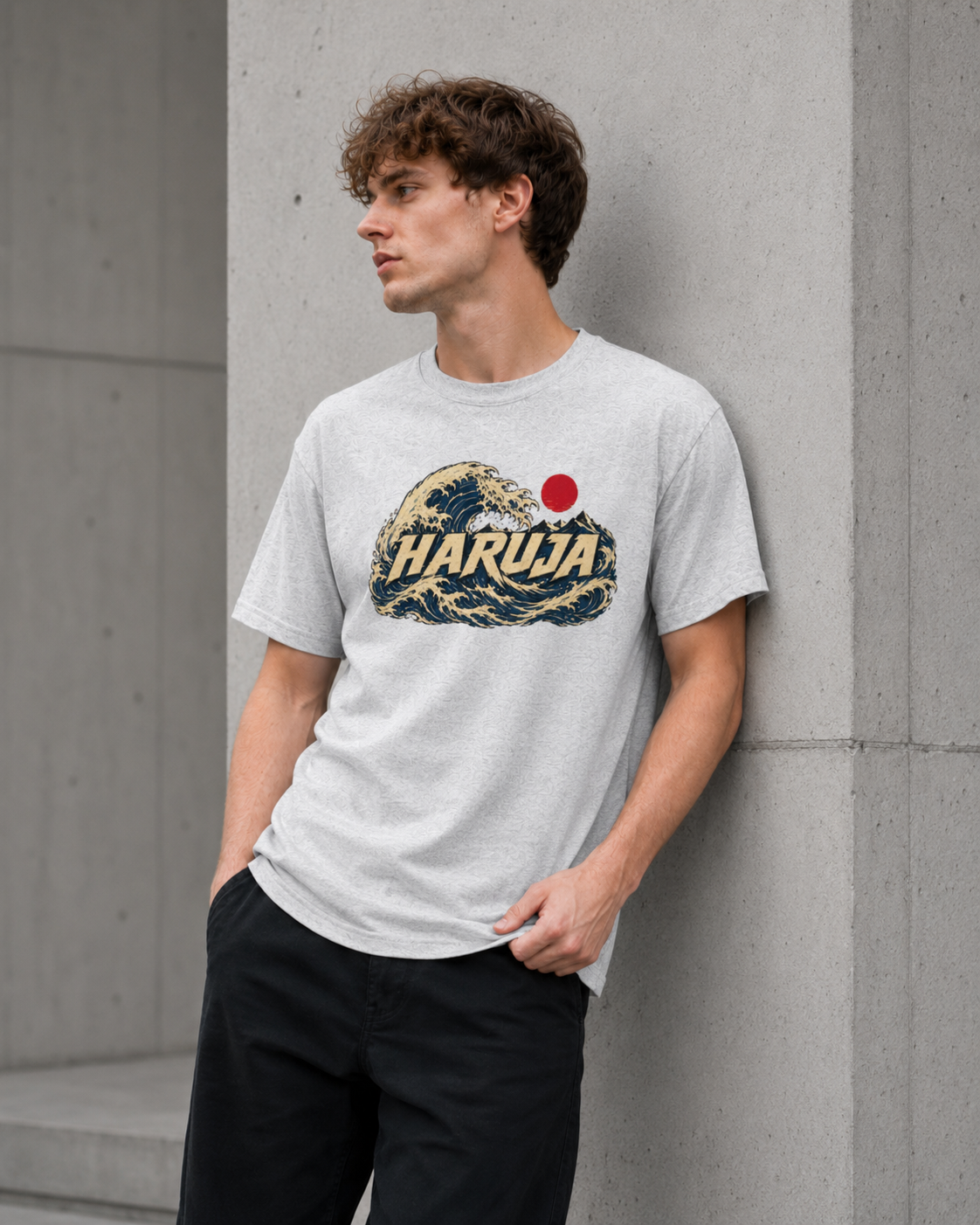 Haruja Japanese Wave Ash Grey Graphic T-Shirt