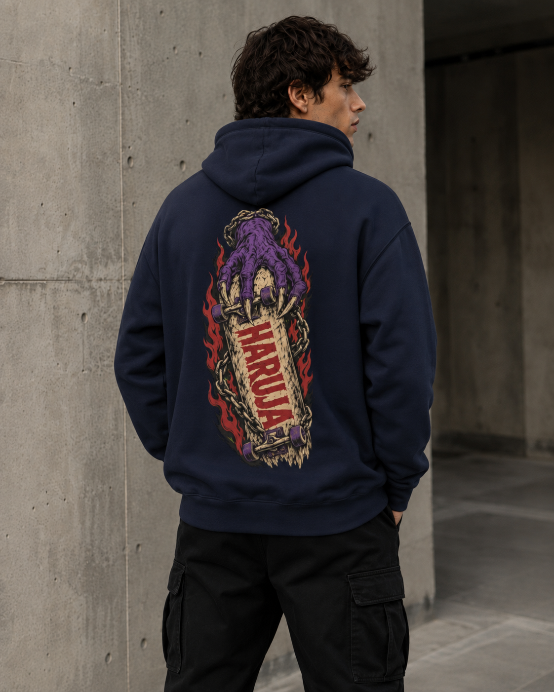 Haruja Purple Claw Skateboard Navy Graphic Hoodie