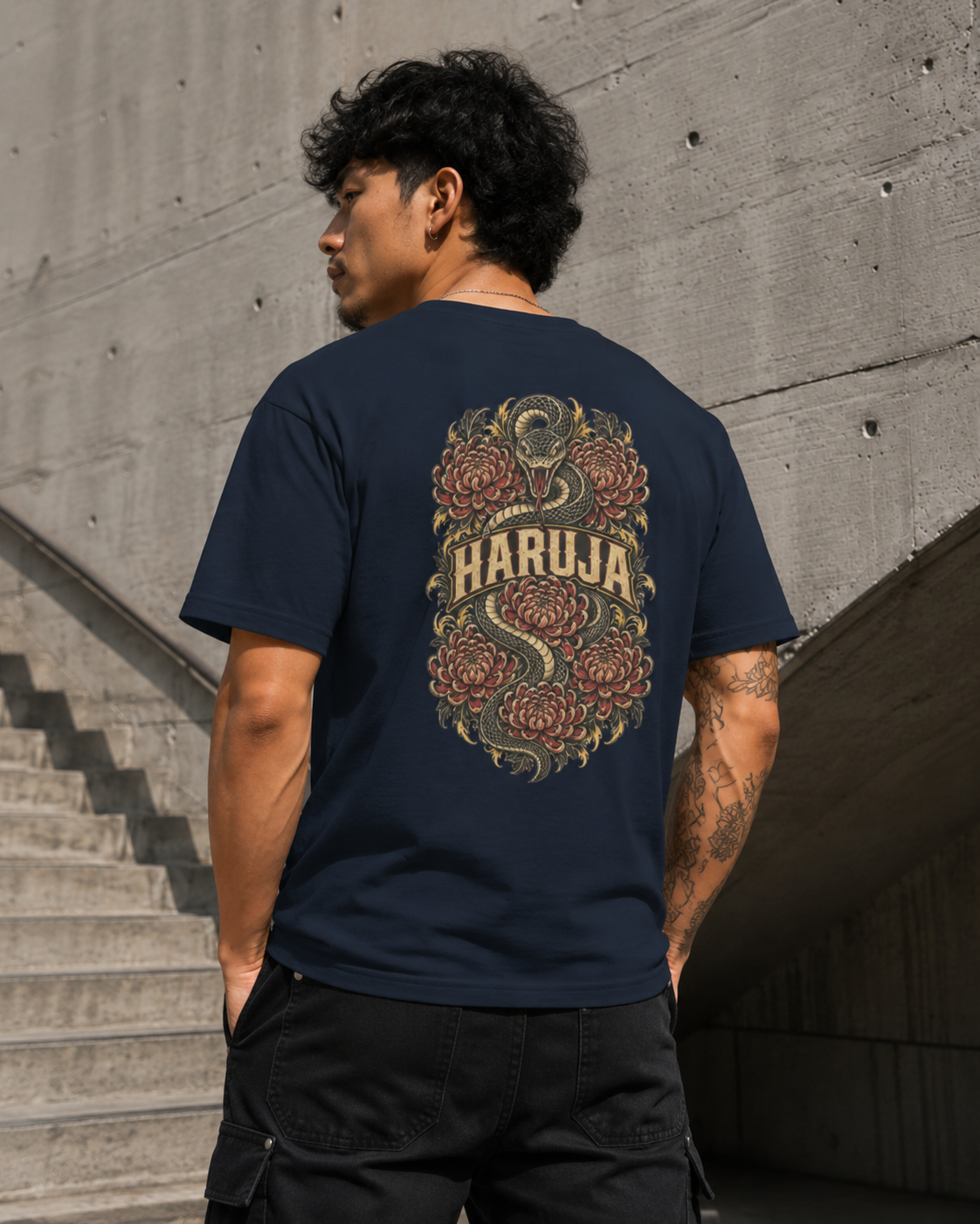 Haruja Snake & Chrysanthemum Navy Graphic T-Shirt