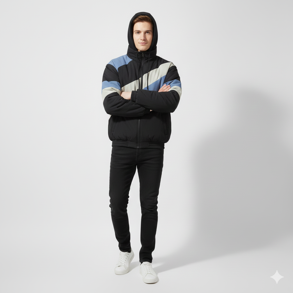 men wear Black Winter Patchwork Jacket front