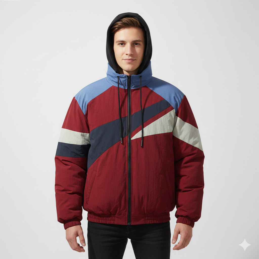 men wear red winter patchwork jacket