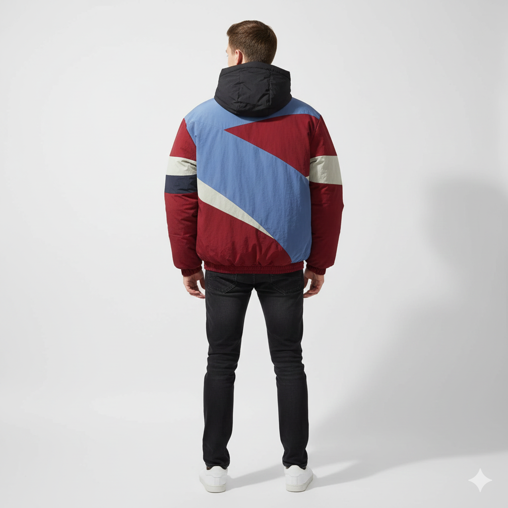 men wear red winter patchwork jacket back