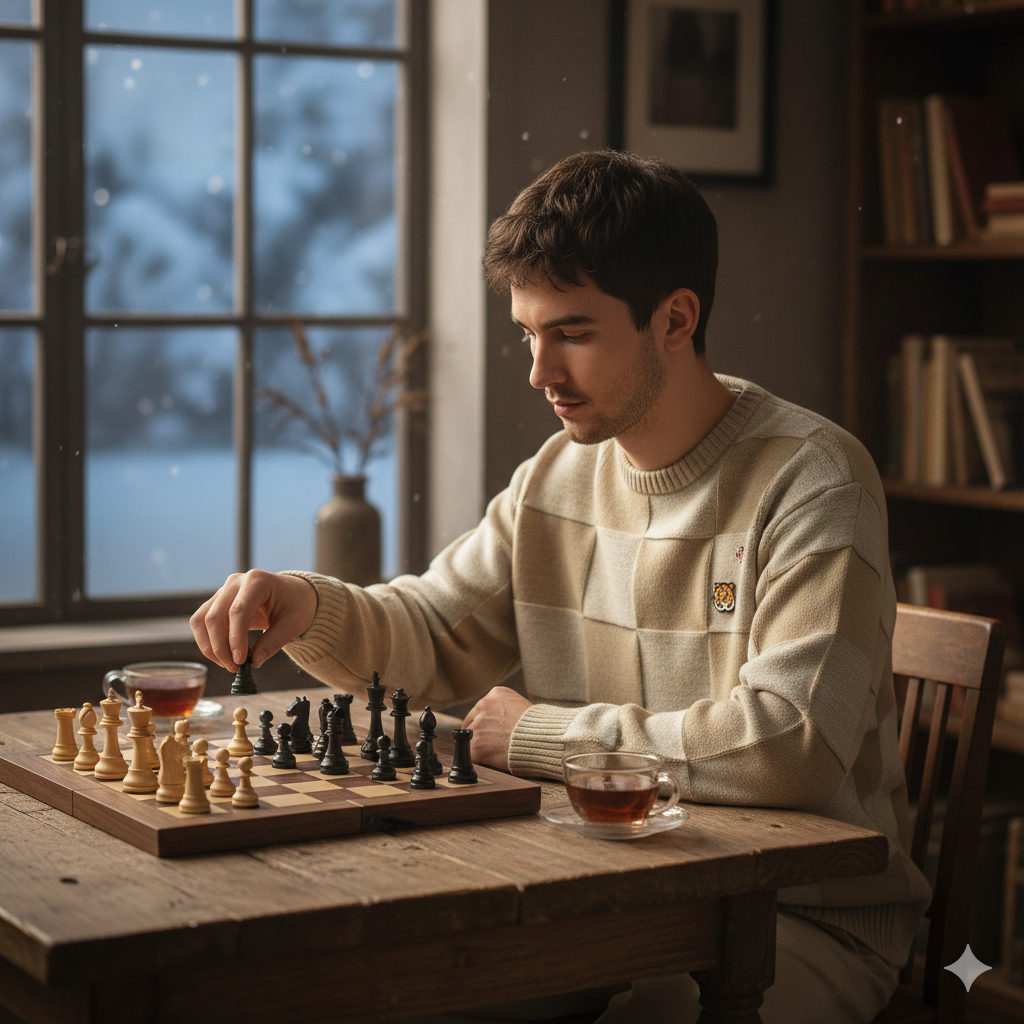men wearing Beige Chess Square Sweater