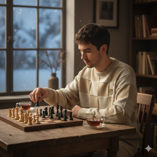 men wearing Beige Chess Square Sweater