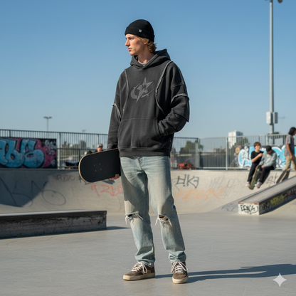 men wearing Black Patchwork Vintage Hoodie