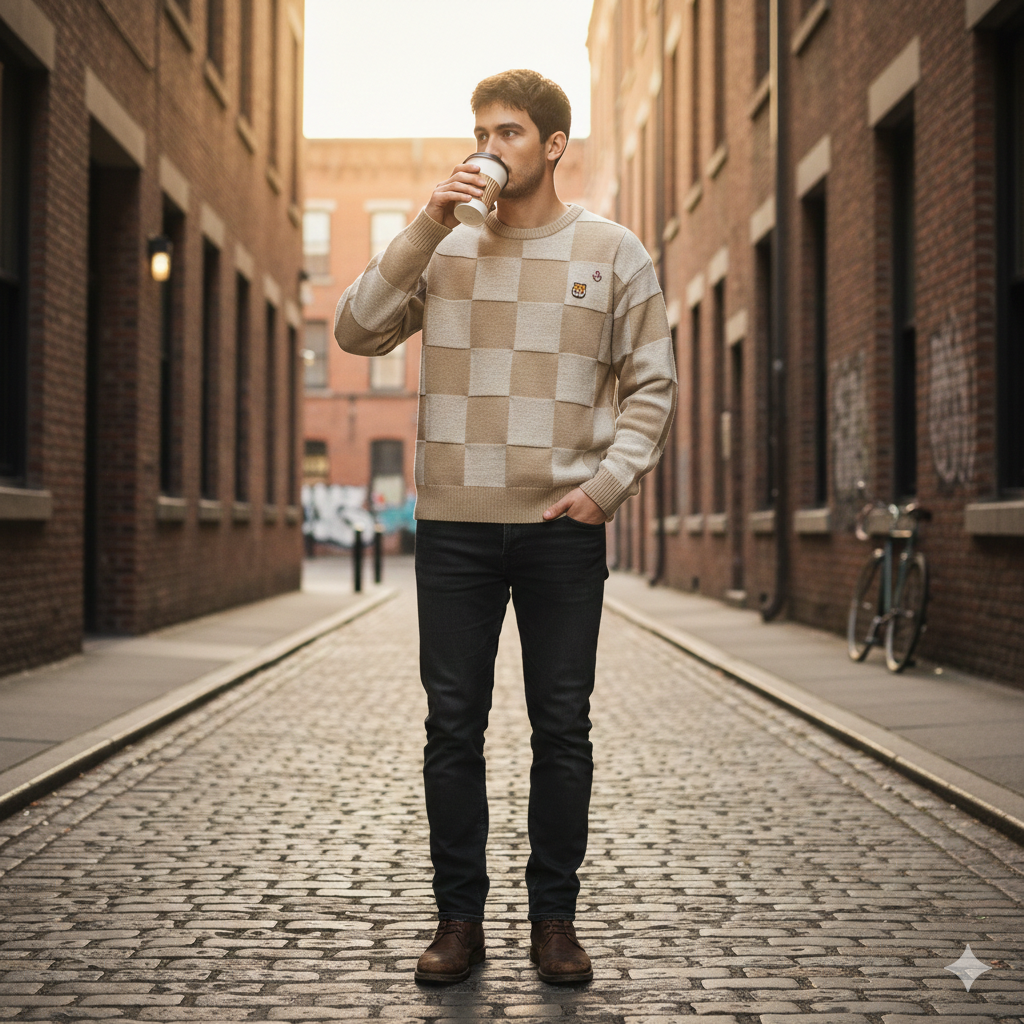 men wearing Khaki_Chess_Square_Sweater