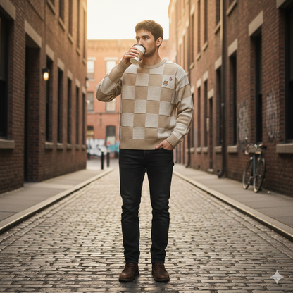 men wearing Khaki_Chess_Square_Sweater