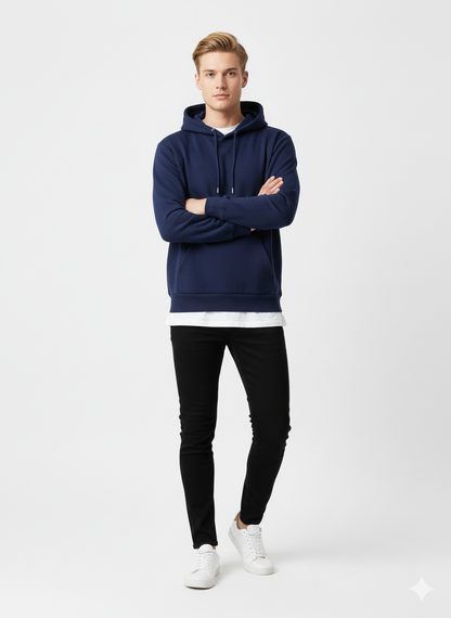 men wearing basic blue hoodie