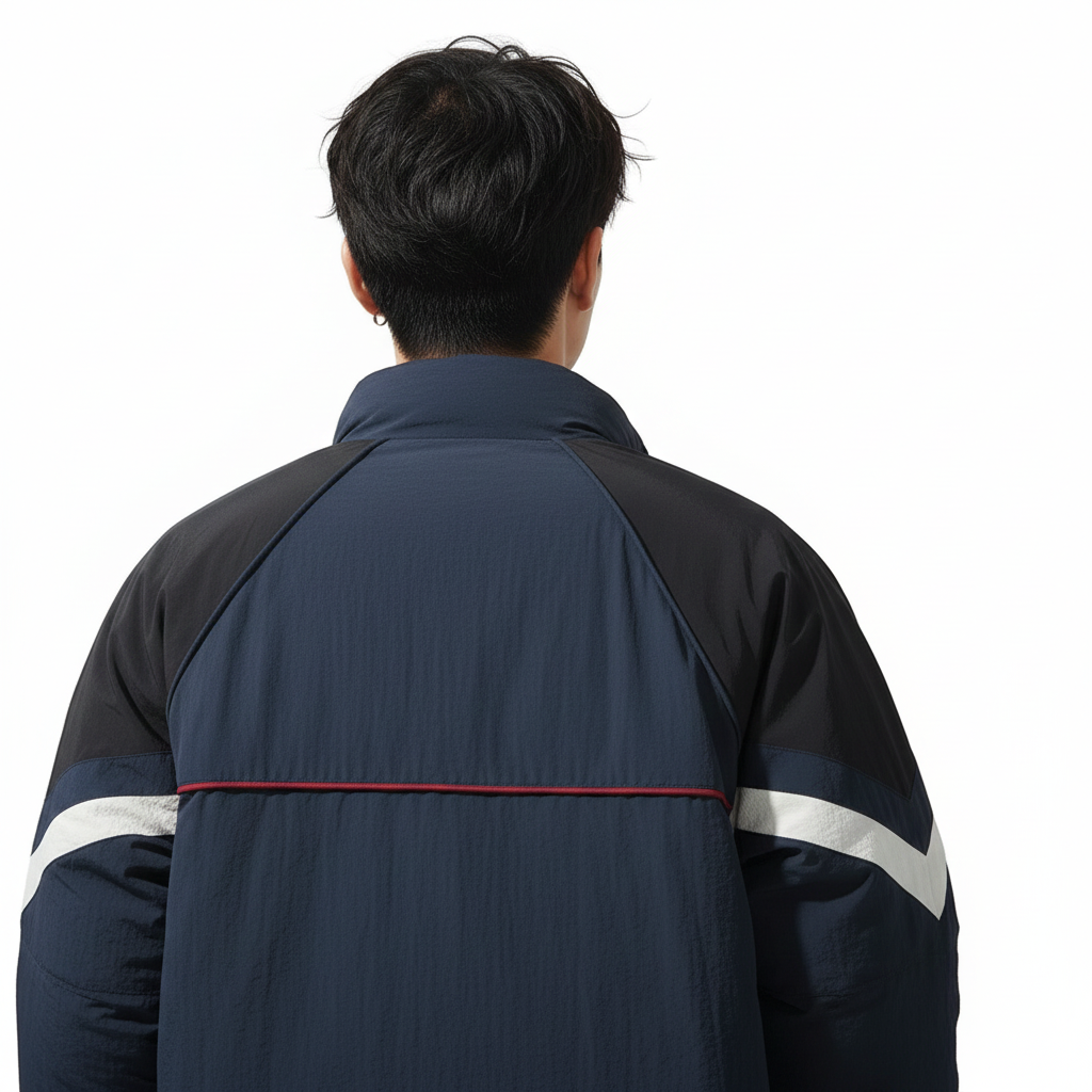 men wearing blue red vintage coat back