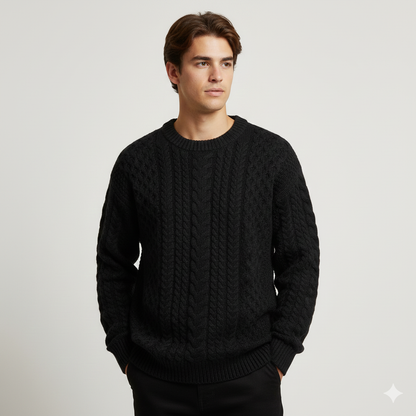 men wearing haruja-twist-stripe-black-sweater-front