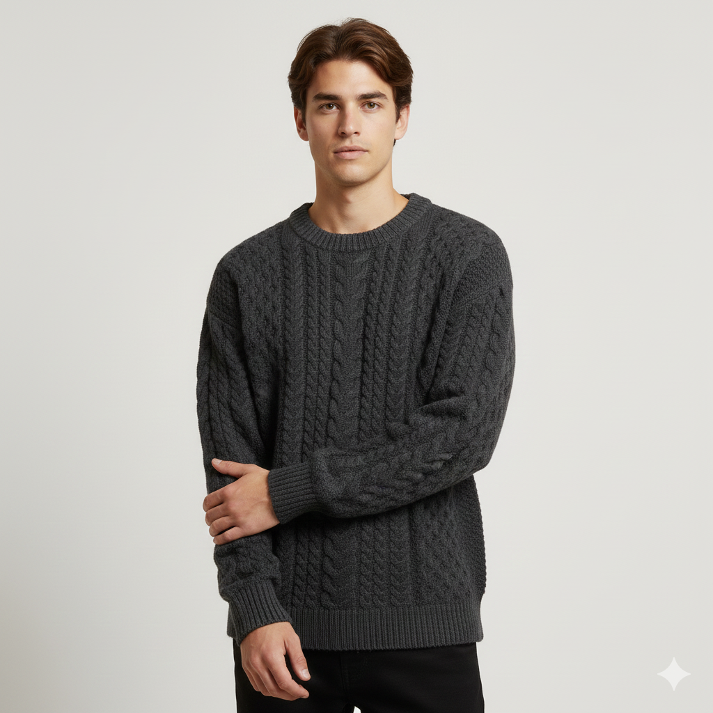 men wearing haruja-twist-stripe-gray-sweater-front