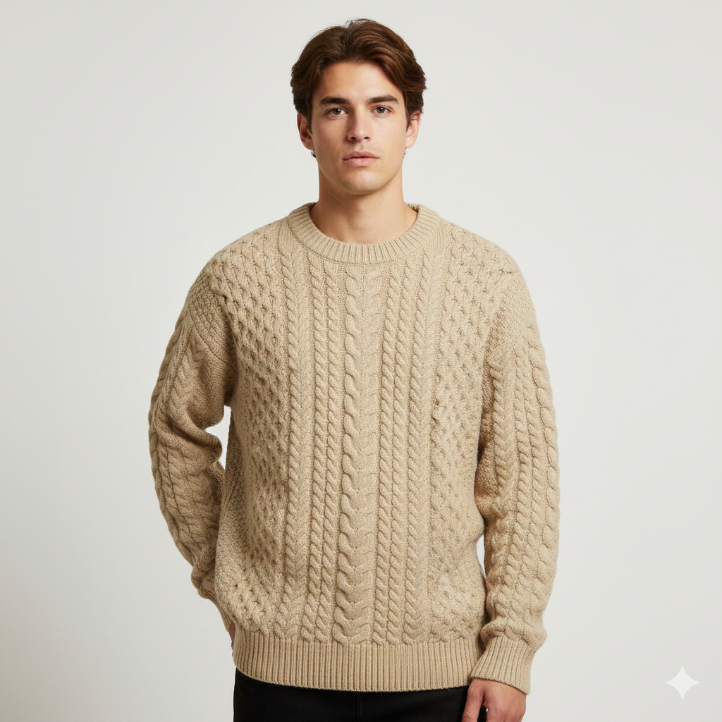 men wearing haruja-twist-stripe-khaki-sweater-front