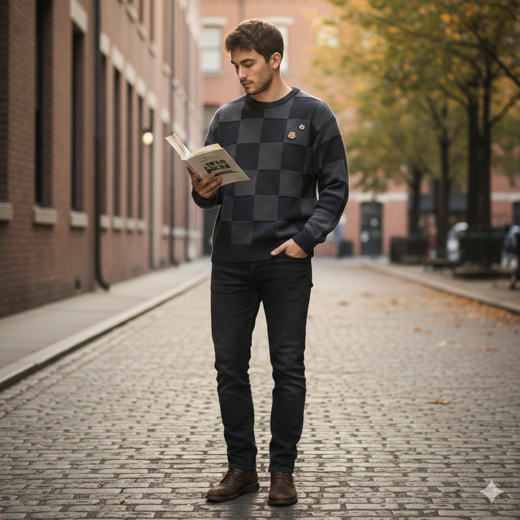 men wearing haruja Black Chess Square Sweater
