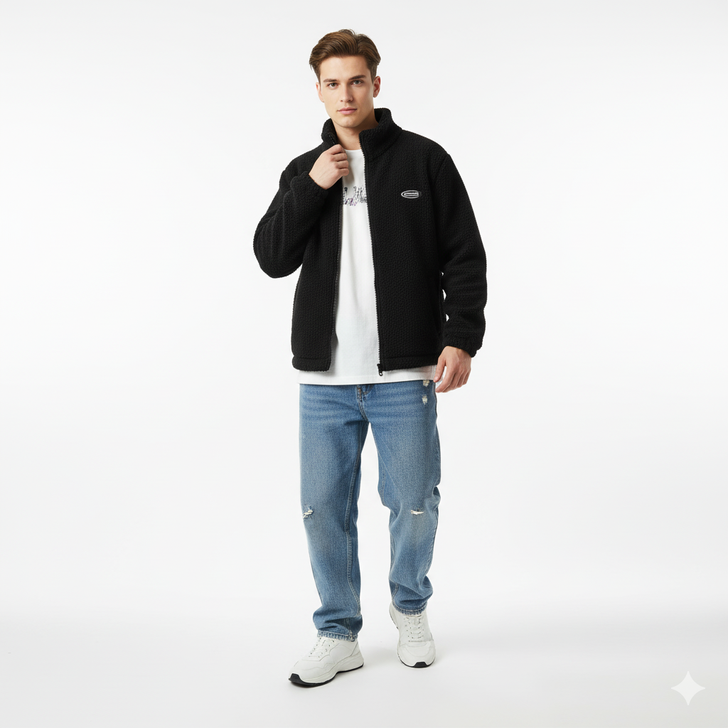 men wearing haruja_classic_sherpa_black_coat_front