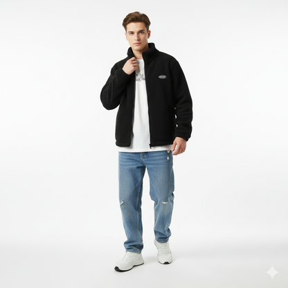 men wearing haruja_classic_sherpa_black_coat_front