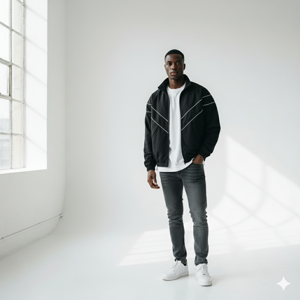 men wearing haruja_zipper_reflective_striped_jacket_front