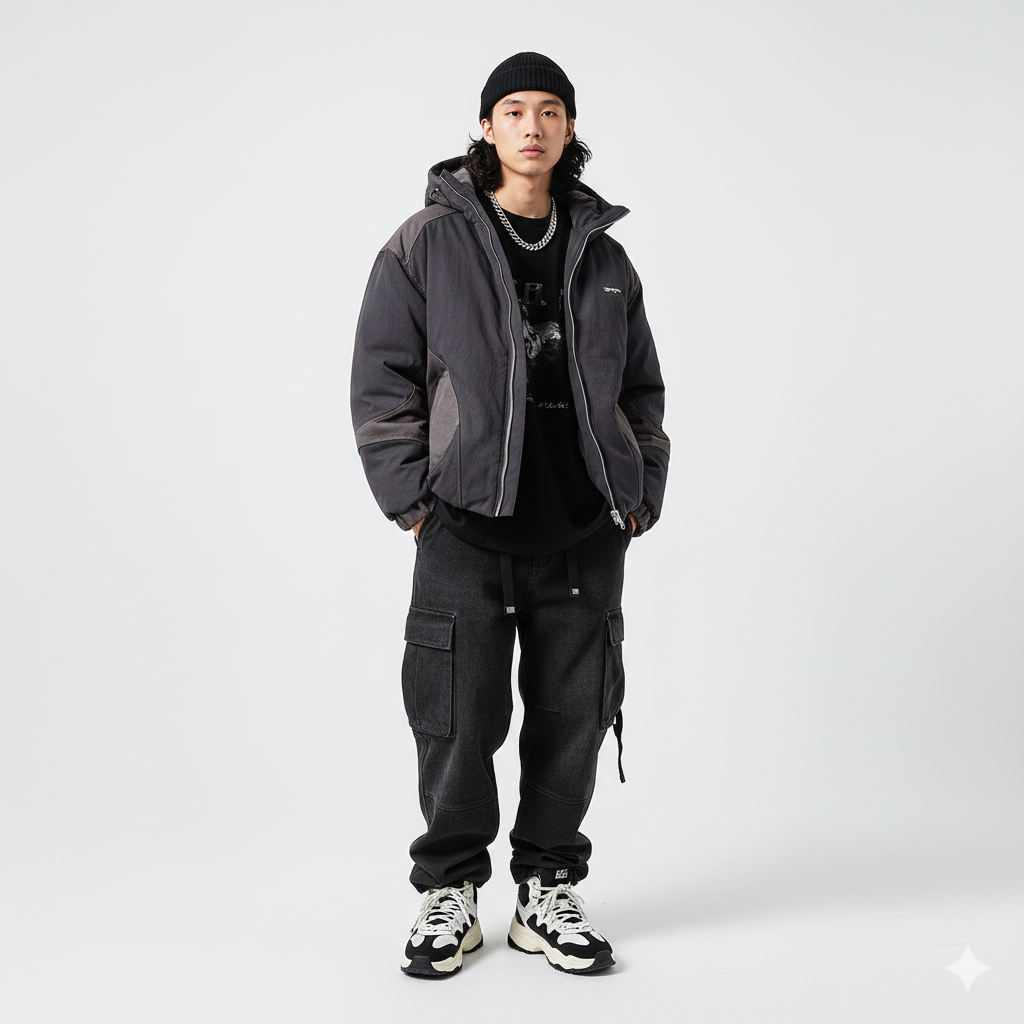 men wearing oversized padded coat