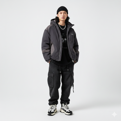 men wearing oversized padded coat