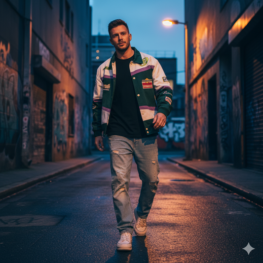 men wearing patchwork green racing jacket