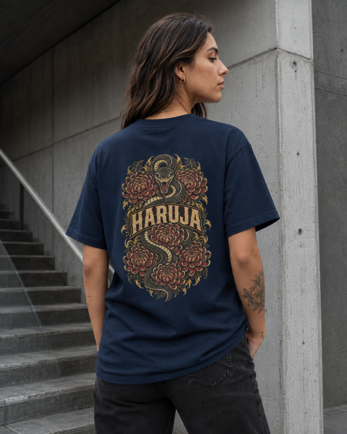Haruja Snake & Chrysanthemum Navy Graphic T-Shirt