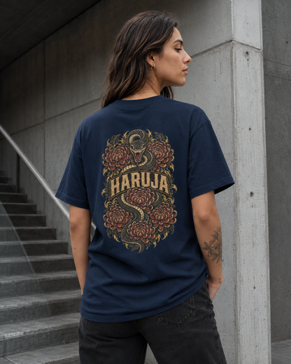 Haruja Snake & Chrysanthemum Navy Graphic T-Shirt