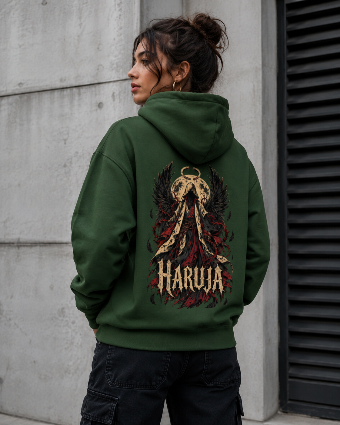 Haruja Fallen Angel Forest Green Graphic Hoodie