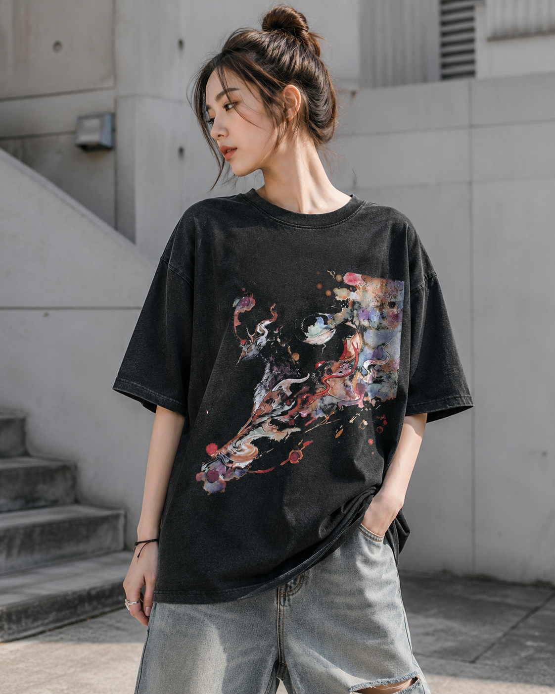 Washed Black Abstract Dragon Oversized T-Shirt