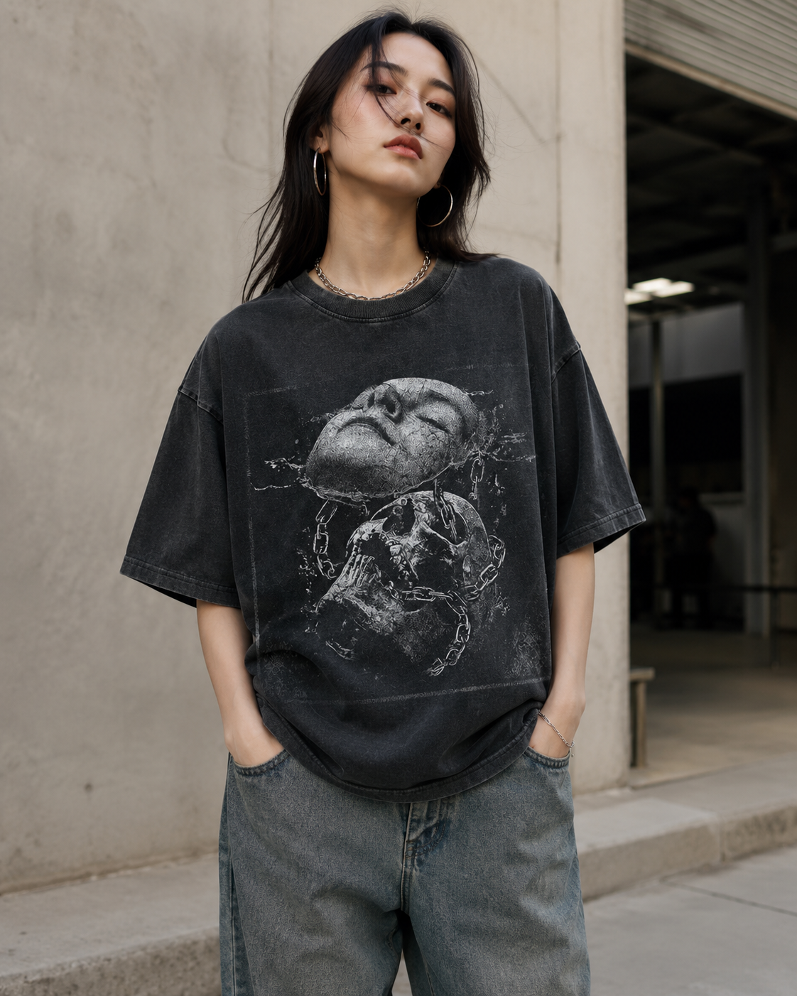 Washed Black Skull Chain Oversized T-Shirt