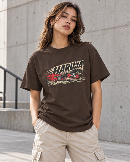 Haruja Burning Skateboard Dark Chocolate Graphic T-Shirt