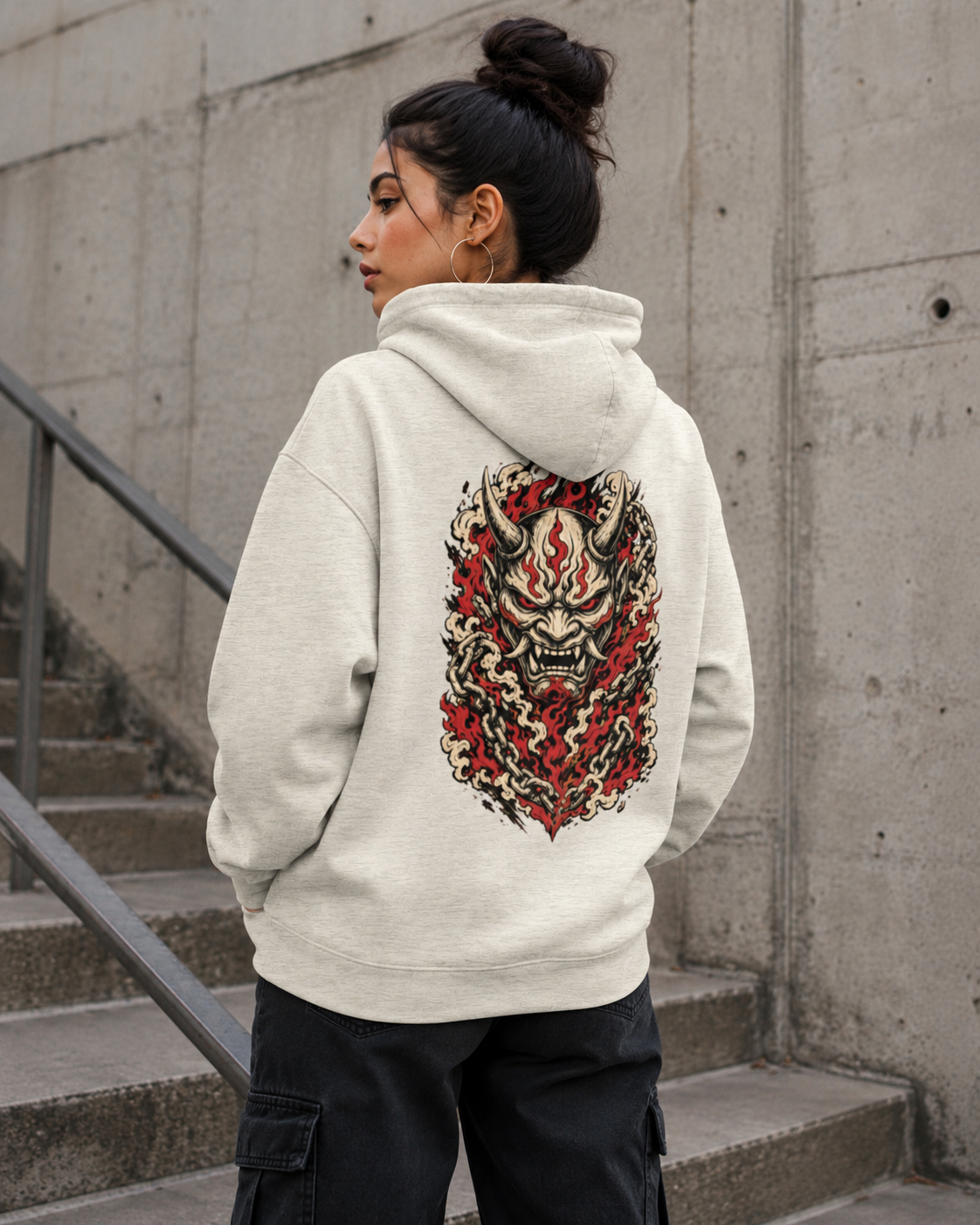 Haruja Oni Demon Oatmeal Heather Graphic Hoodie