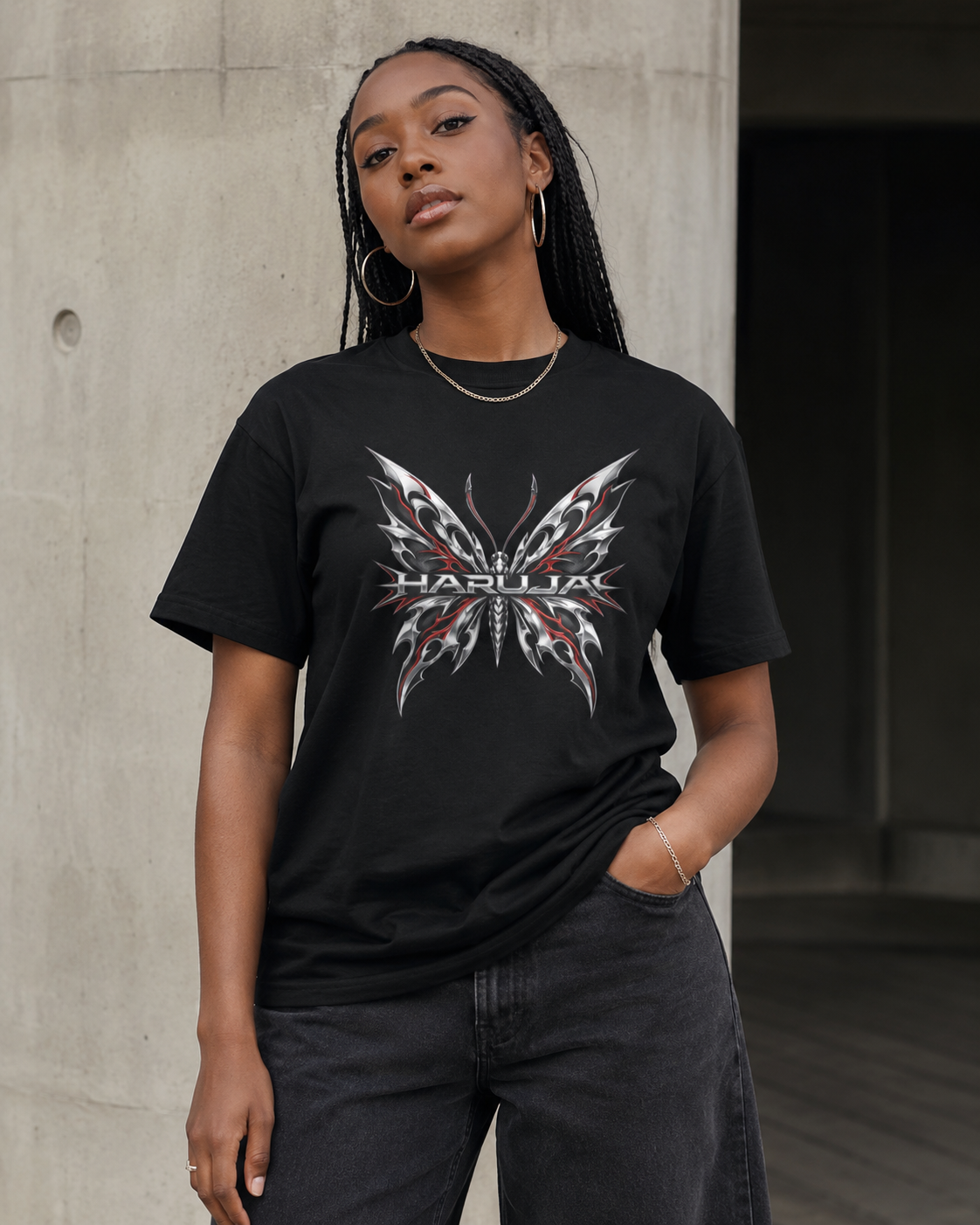 Haruja Tribal Butterfly Black Graphic T-Shirt
