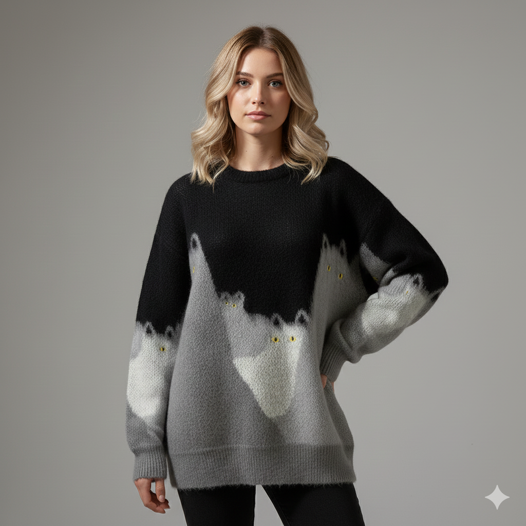 women wear Black Cat Graphic Sweater
