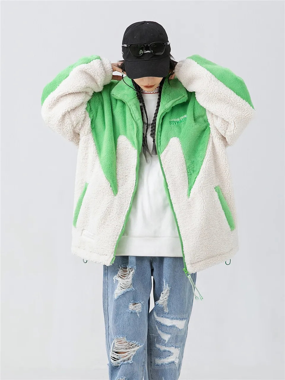 haruja - "Stiwaup" Sherpa green and white Coat