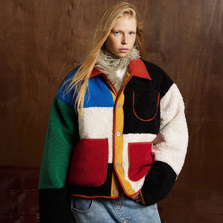 women wear winter patchwork jacket front