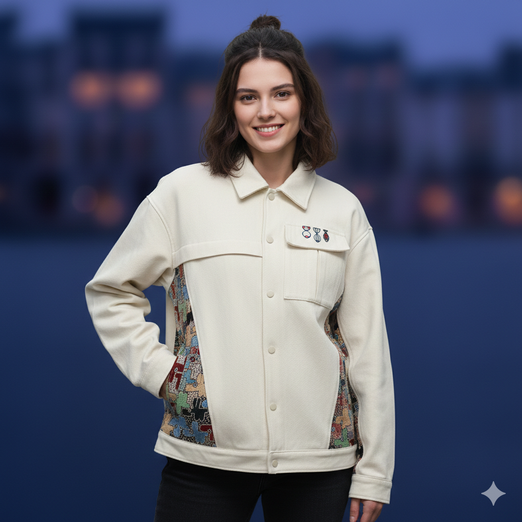 women wearing Beige_Embroidery_Patchwork_Jacket_front