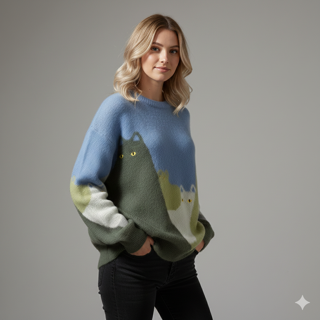 women wearing blue cat graphic sweater
